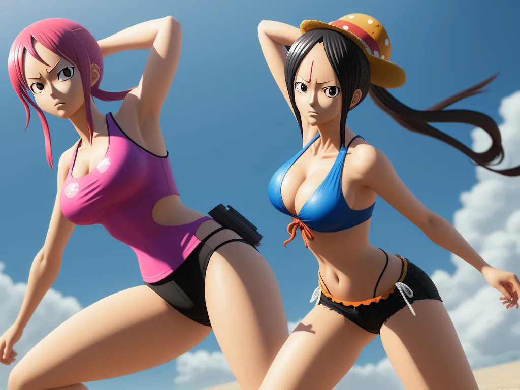 convert photo into 4k - two cartoon women in bikinis and hats on a beach with a sky background and clouds in the background, by Toei Animations
