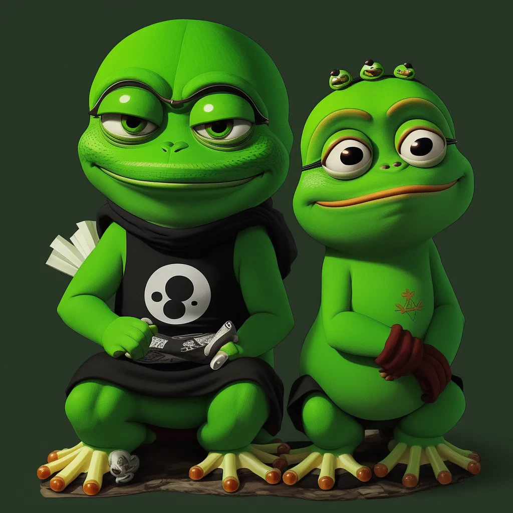 a couple of green frogs sitting next to each other on a rock together, with eyes wide open and one with a skull on its chest, by Akira Toriyama