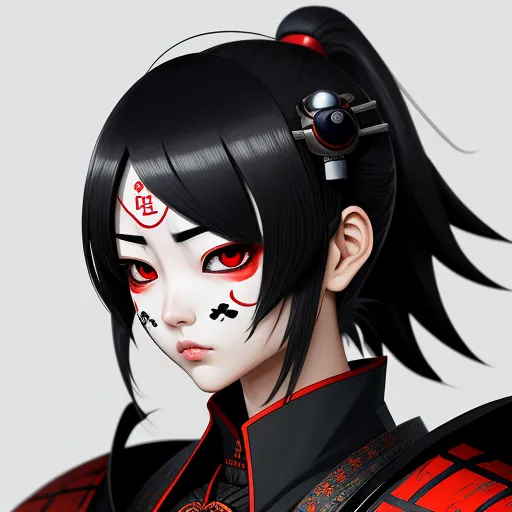 a woman with black hair and red eyes wearing a black and red outfit with a skull on her forehead, by Gigadō Ashiyuki