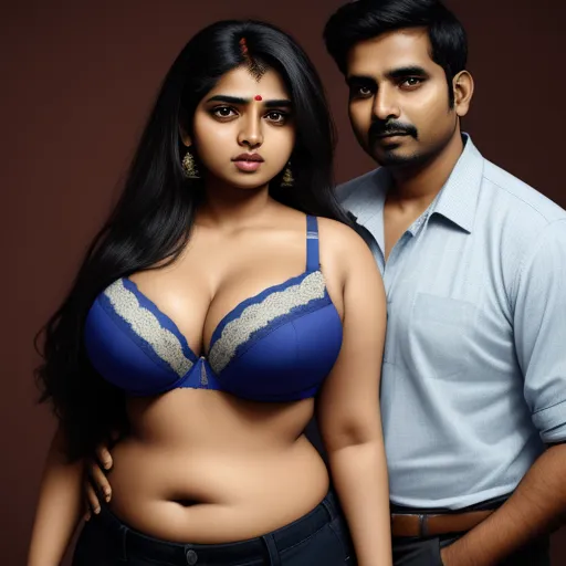 hd quality picture - a man and a woman posing for a picture in a bra top and pants with a man in the background, by Raja Ravi Varma