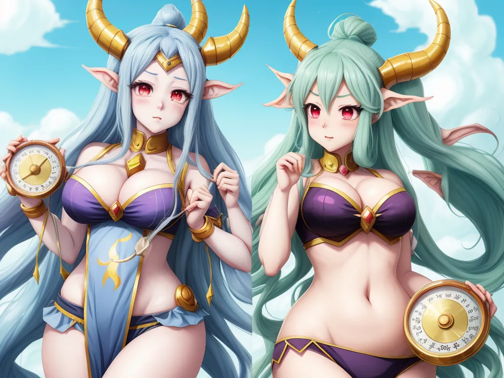 make yourself a priority wallpaper - two women in costumes with horns and clocks on their chests, one of them is wearing a bra and the other is wearing a bra, by Sailor Moon