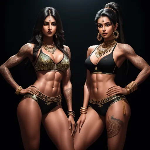 photo images - two women in bikinis with tattoos and jewelry on their bodies, one of them is wearing a bra, by Raja Ravi Varma