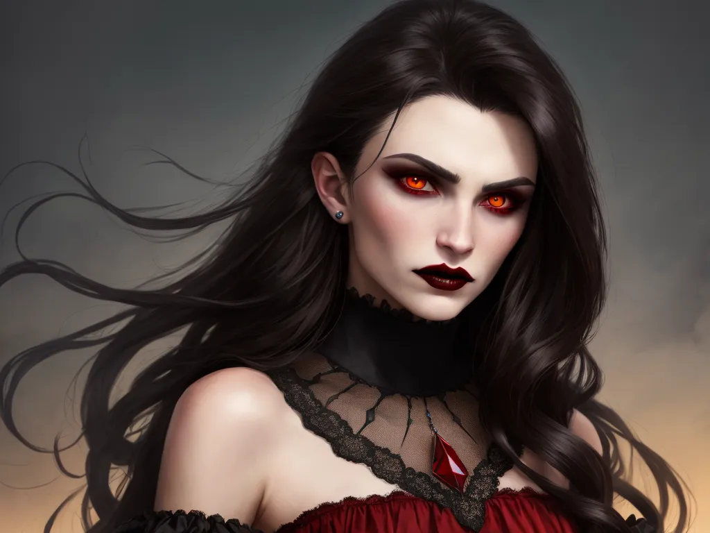 a woman with red eyes and a choker on her neck and a choker on her neck, with long hair blowing in the wind, by Tom Bagshaw