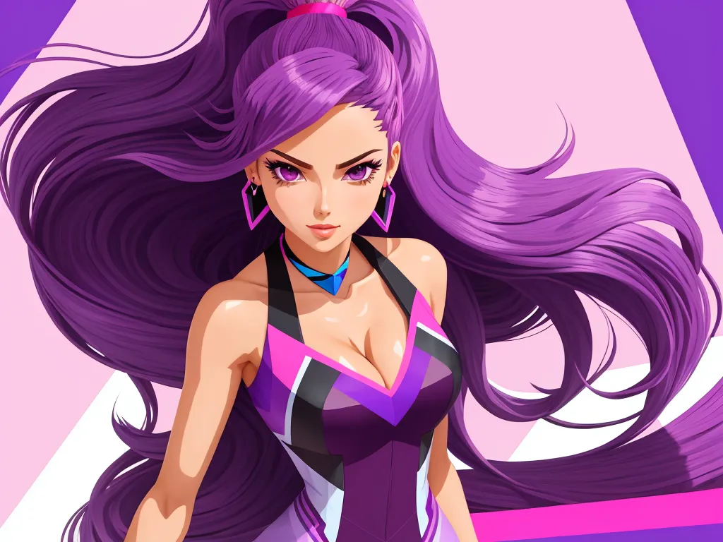 ai image generator dall e - a woman with long purple hair and a purple dress on a purple background with a pink triangle around her neck, by Toei Animations