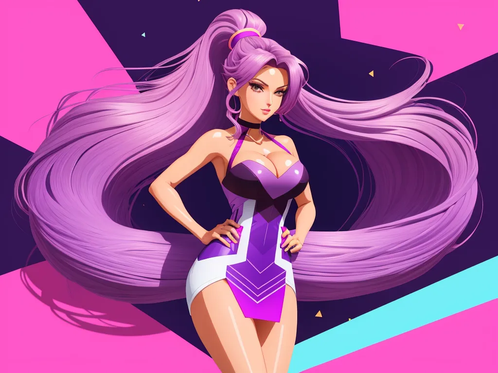 low res image to high res - a cartoon girl with long hair and a purple outfit on, standing in front of a pink background with a purple and white design, by theCHAMBA