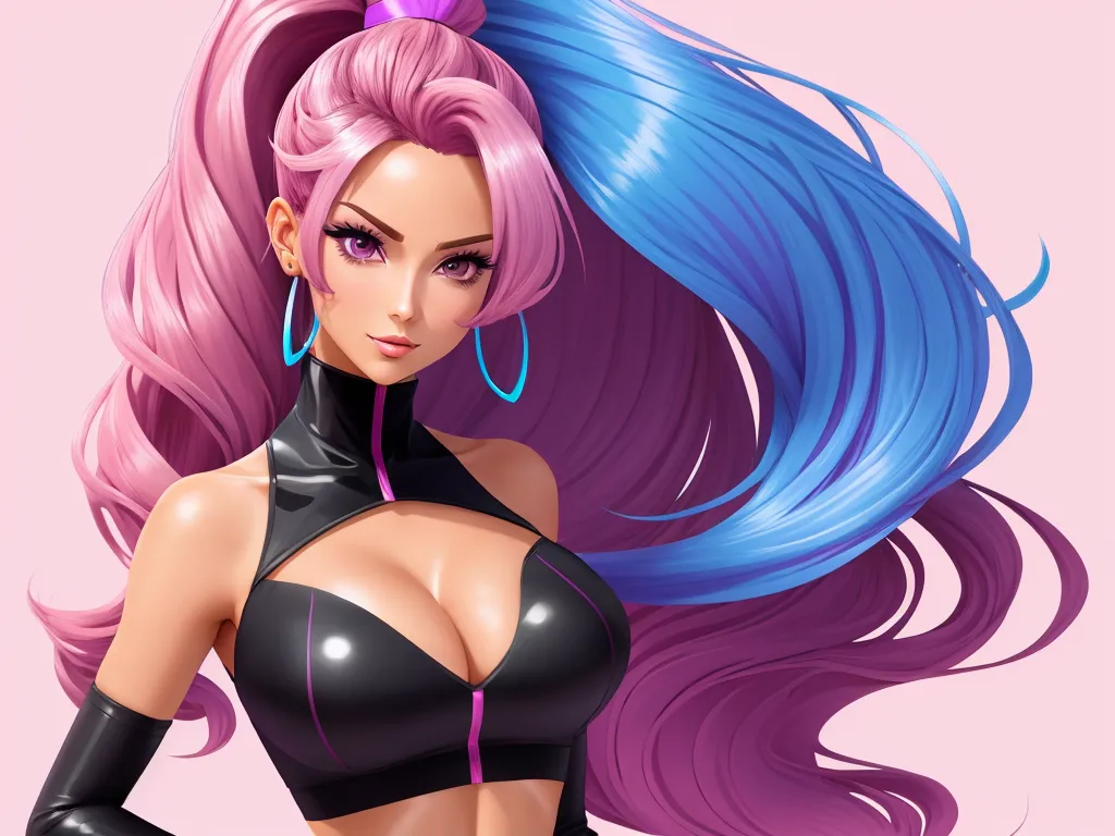 ai image upscaling - a cartoon of a woman with pink hair and blue hair wearing a black outfit and a pair of earrings, by Toei Animations