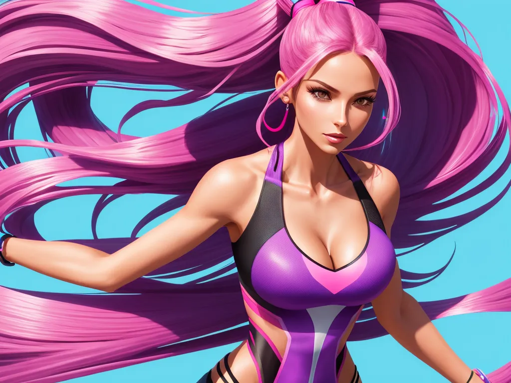 word to image generator - a woman with pink hair and a purple bikini top on, with her hair blowing in the wind,, by Hanabusa Itchō