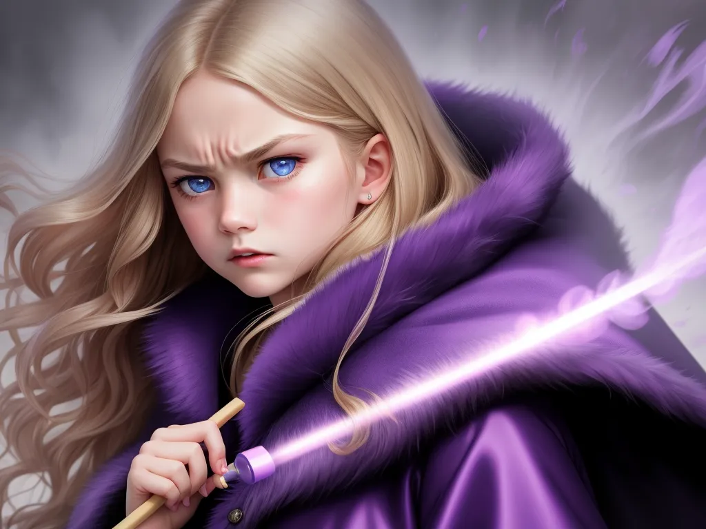 word to image generator - a woman in a purple coat holding a wand and a purple coat with a hood on it and a purple feather, by Daniela Uhlig
