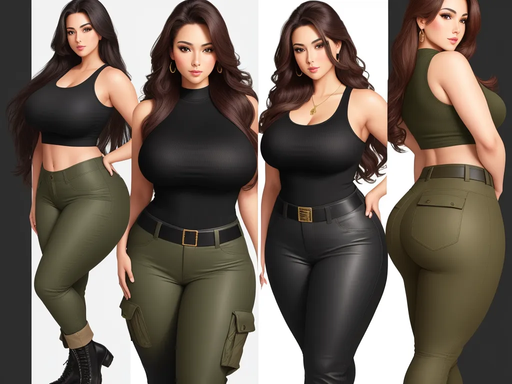 ai image genorator - three different poses of a woman in black top and green pants with high waist and high waist pants with high waist, by Hendrik van Steenwijk I