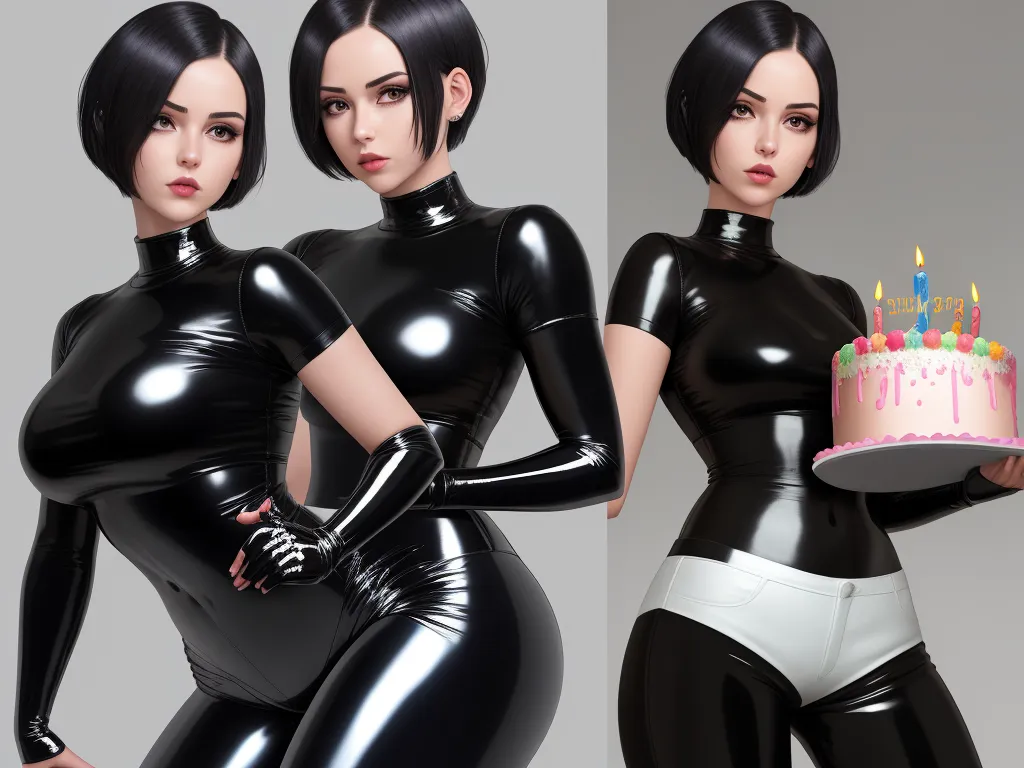 two women in latex outfits holding a cake with candles on it and a cake with candles on it, by Terada Katsuya