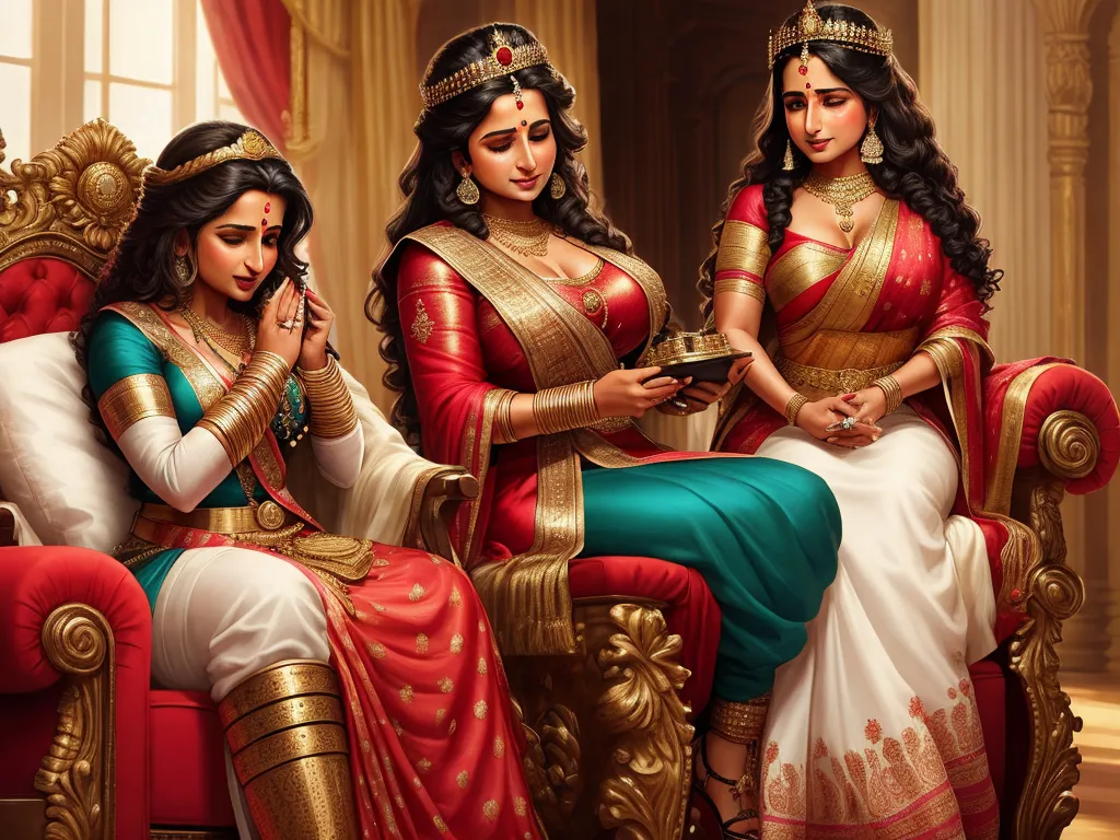 ai text to image - three women sitting on a red couch in a room with gold trimmings and a red chair with a gold trimmings, by Raja Ravi Varma