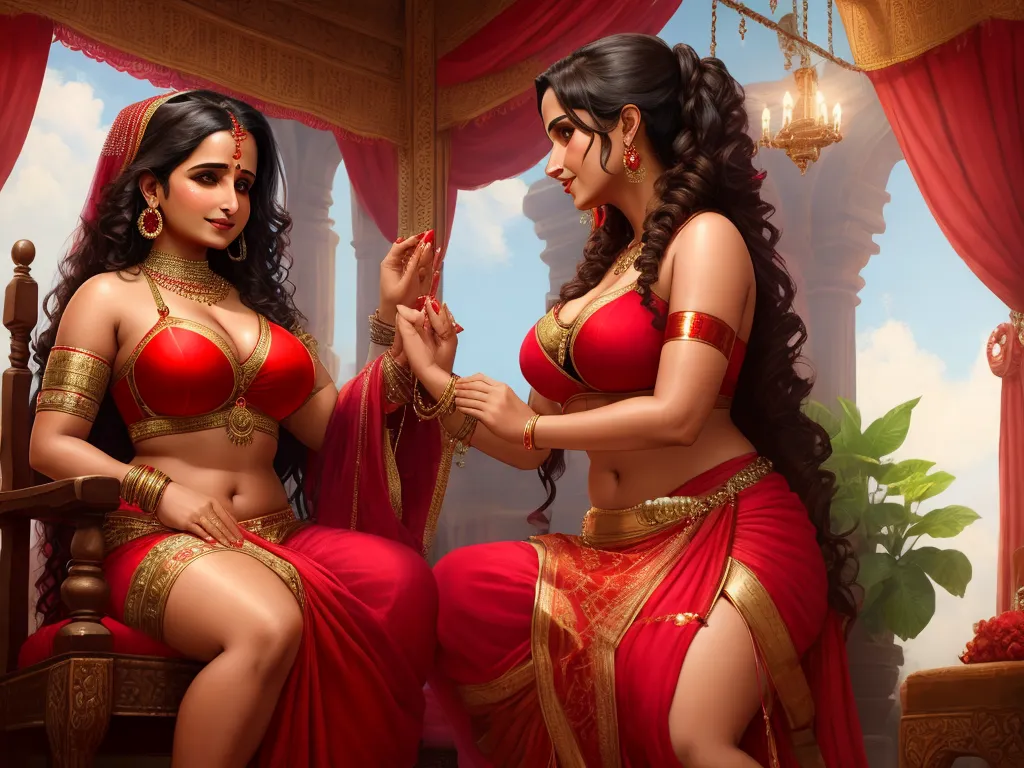 two women in red outfits sitting on a chair in a room with red curtains and a red curtained window, by Raja Ravi Varma