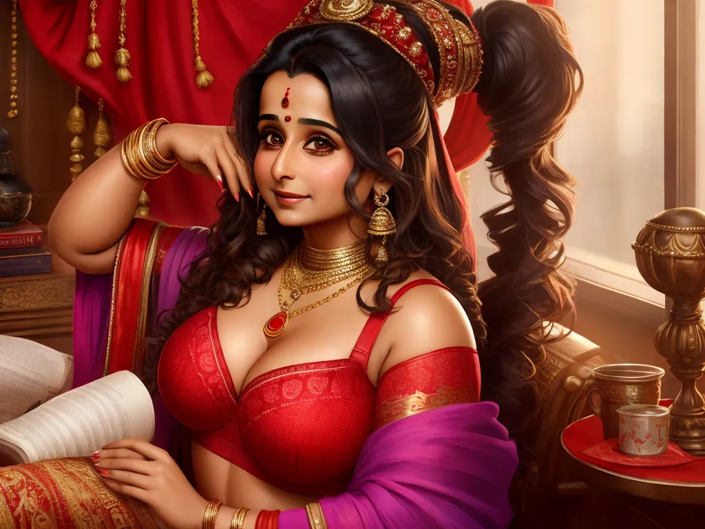 inch to pixel converter - a painting of a woman in a red bra and gold jewelry holding a piece of paper in her hand, by Raja Ravi Varma