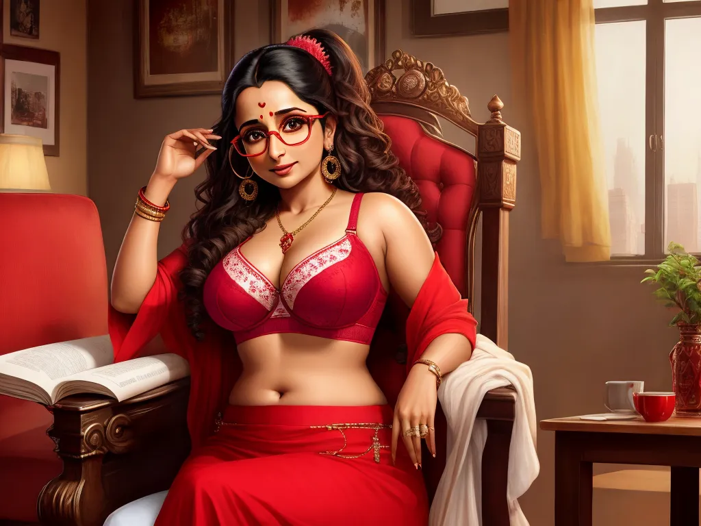 a woman in a red bra and glasses sitting in a chair with a book in her hand and a red chair behind her, by Raja Ravi Varma