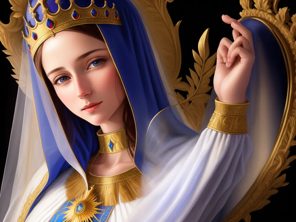 best photo ai enhancer - a painting of a woman in a blue and gold outfit with a gold crown on her head and a blue veil on her head, by Hidari Jingorō