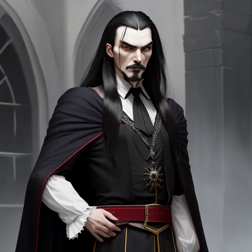 a man dressed in a black and red outfit with long hair and a beard and a black cape with a star on it, by Antonio J. Manzanedo