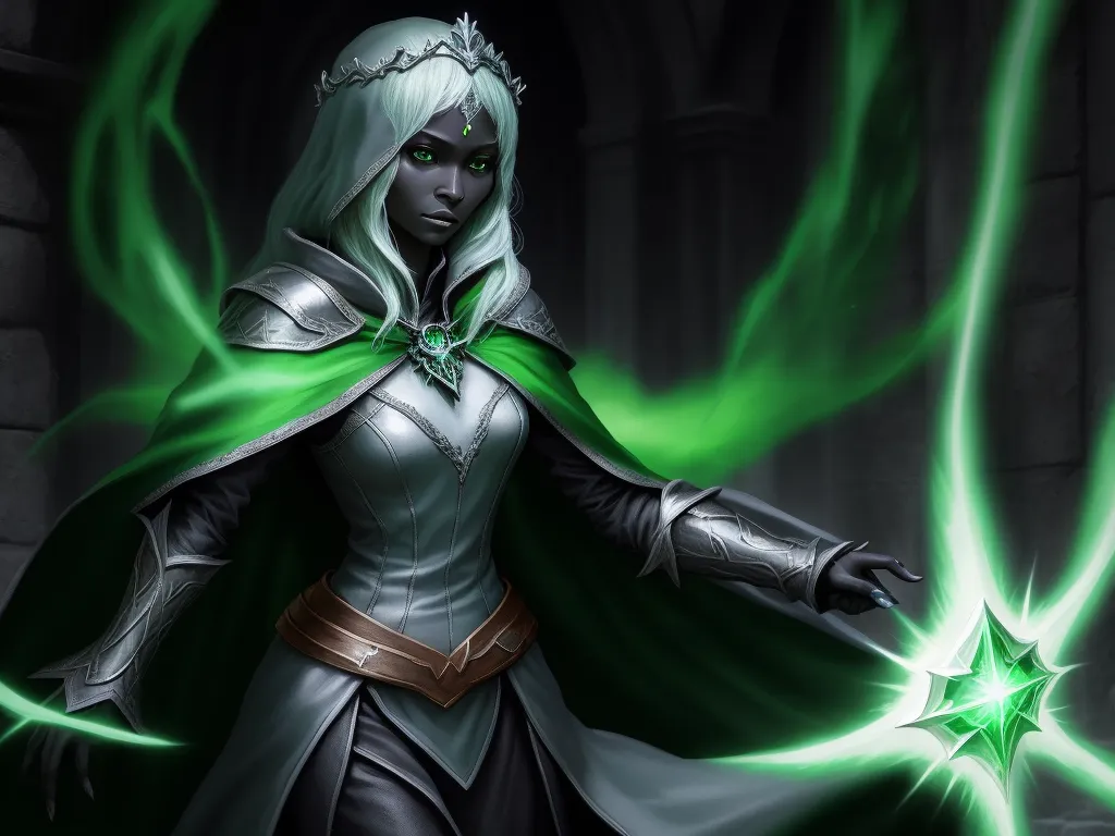 ai image generator dall e - a woman dressed in a green and white outfit holding a green star in her hand and a green cloak, by Antonio J. Manzanedo