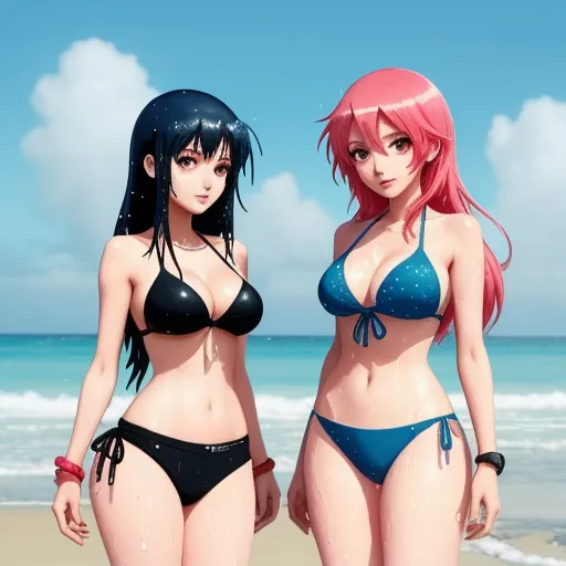 two women in bikinis standing on a beach next to the ocean with waves crashing in the background and a blue sky, by Toei Animations