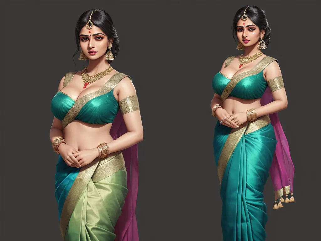 advanced ai image generator - a woman in a green and gold sari with a pink blouse and gold jewelry on her chest and a green and gold sari, by Raja Ravi Varma