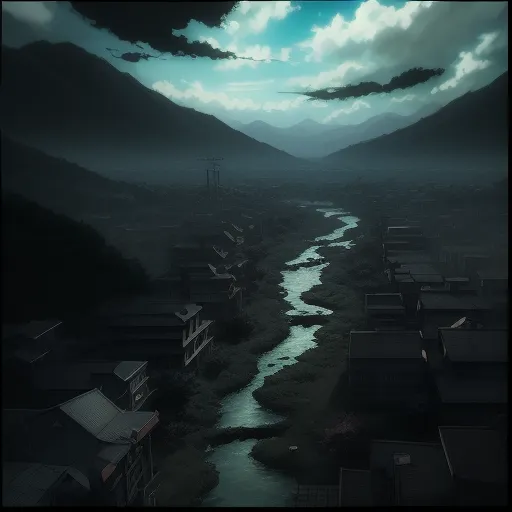 a river running through a lush green valley under a cloudy sky with a bird flying over it in the distance, by Makoto Shinkai