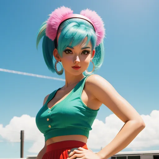 a woman with green hair and pink ears posing for a picture in a green top and red skirt with pink ears, by Akira Toriyama