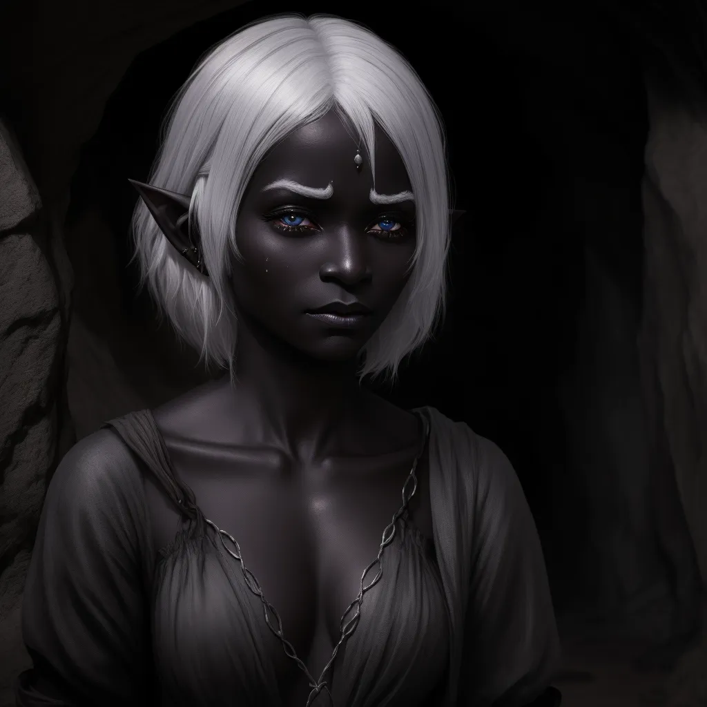 ai generated images free - a woman with white hair and blue eyes in a cave with a black background and a black background with a cave, by Daniela Uhlig