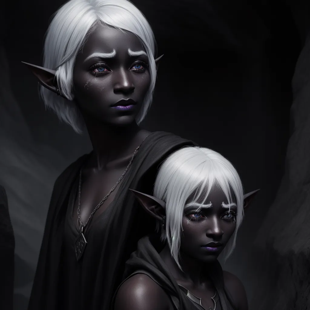 two women with white hair and white hair are dressed in black and white costumes and one is wearing a black cloak, by Daniela Uhlig