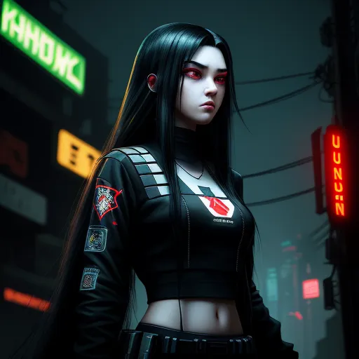 image from text ai - a woman in a futuristic outfit standing in a city at night with neon signs behind her and a neon sign behind her, by Edmond Xavier Kapp