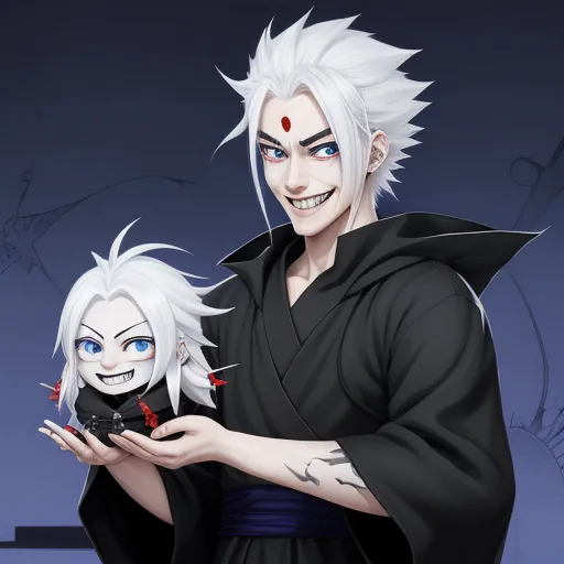 a man holding a doll with a demon face on it's face and a demon face on his face, by Baiōken Eishun