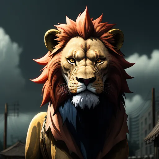 a lion with a red mane and a blue collar is standing in front of a dark sky with clouds, by NHK Animation