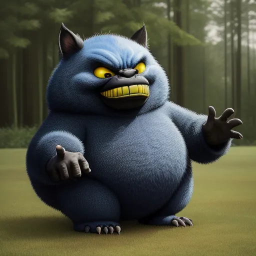 a cartoon character with a big blue monster like body and yellow eyes, standing in a forest with trees, by Pixar Concept Artists