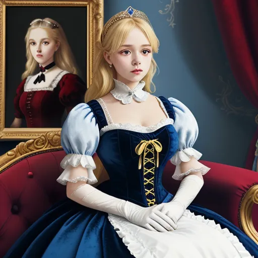 a painting of a woman in a blue dress sitting in a red chair with a mirror behind her and a picture of a woman in a blue dress, by NHK Animation