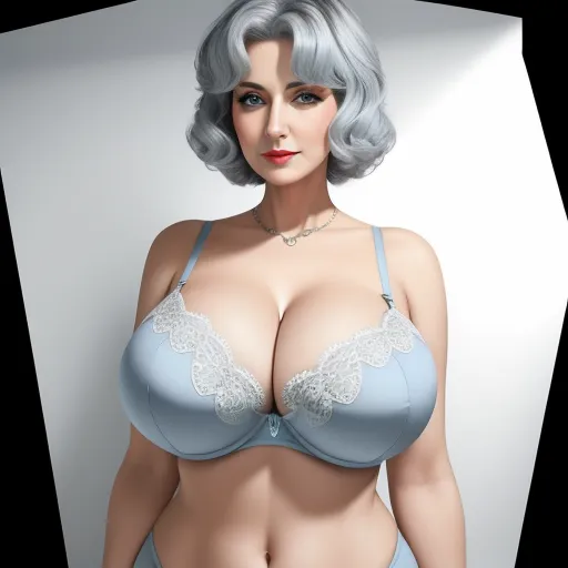 image ai generator from text - a woman with a very large breast wearing a bra and panties with a blue bra and panties on her chest, by Terada Katsuya