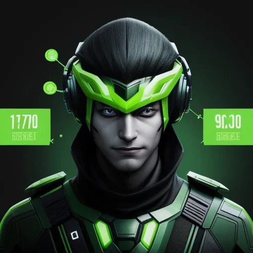 ai image generation - a man in a green suit with headphones and a green background with a green arrow on his forehead, by Lois van Baarle