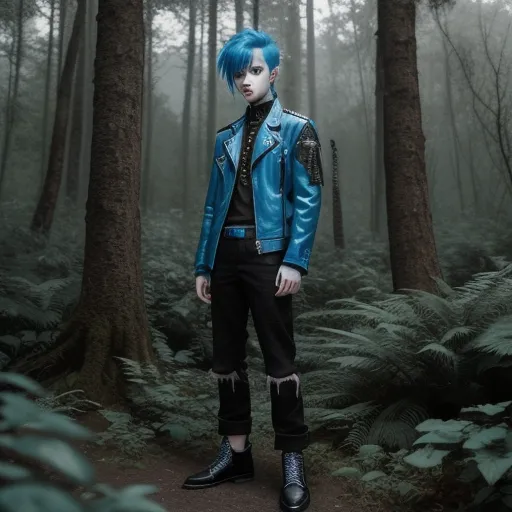 a man with blue hair standing in a forest with trees and ferns on the ground and wearing a blue leather jacket, by Bella Kotak