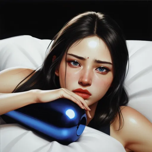 ai image app - a woman laying in bed with a blue hair dryer on her shoulder and a black background with a white sheet, by Daniela Uhlig