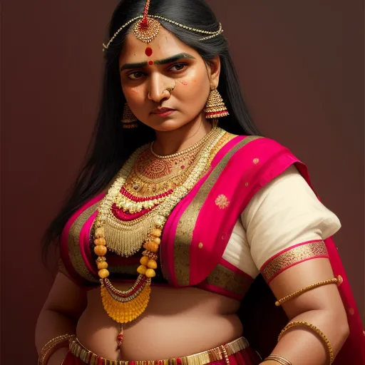 ai image generator from text free - a woman in a red and white outfit with a necklace and a necklace on her neck and a necklace on her shoulder, by Raja Ravi Varma