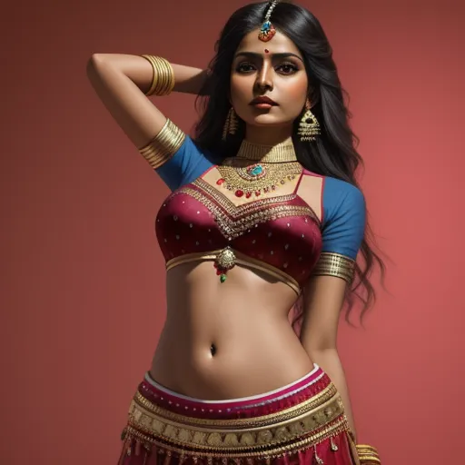 4k to 1080p photo converter - a woman in a red and blue outfit with a gold necklace and earrings on her head and her hand on her hip, by Raja Ravi Varma