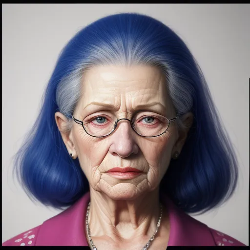 turn photo hd - a woman with blue hair and glasses is wearing a necklace and a necklace necklace on her neck and a necklace on her neck, by Gottfried Helnwein