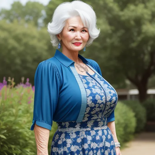 best photo ai enhancer - a woman with white hair and a blue dress is standing in a garden with purple flowers and trees in the background, by Cindy Sherman