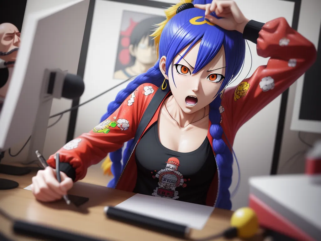 a woman with blue hair and a red jacket is looking at a computer screen and pointing at her finger, by Toei Animations