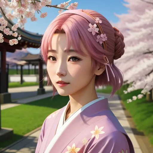 a woman with pink hair and a pink kimono standing in front of a cherry blossom tree in a park, by Chen Daofu