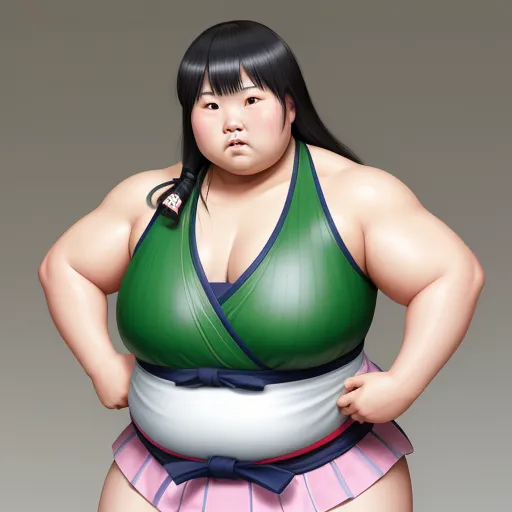 a woman in a green top and pink skirt with a big belly and a black hair is standing in front of a gray background, by Rumiko Takahashi