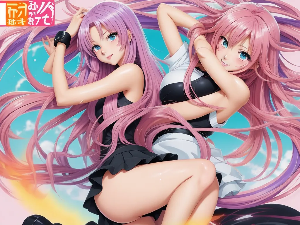 two anime girls with pink hair and black and white outfits, one with pink hair and the other with pink hair, by Toei Animations