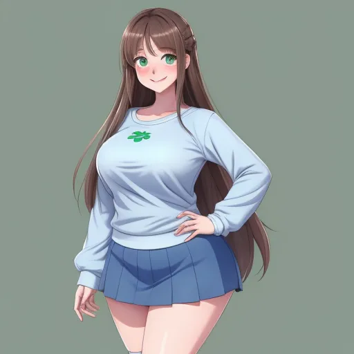 ai your photos - a girl in a blue skirt and a green clover on her shirt is posing for a picture with her hands on her hips, by Hanabusa Itchō