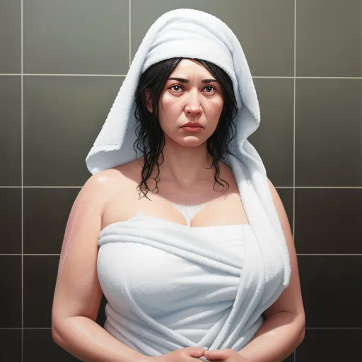 a woman in a towel is standing in a bathroom with her hands on her hips and her eyes closed, by Kent Monkman