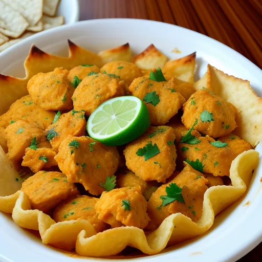 a bowl of food with tortilla shells and a lime slice on top of it with chips and a lime, by Edith Lawrence