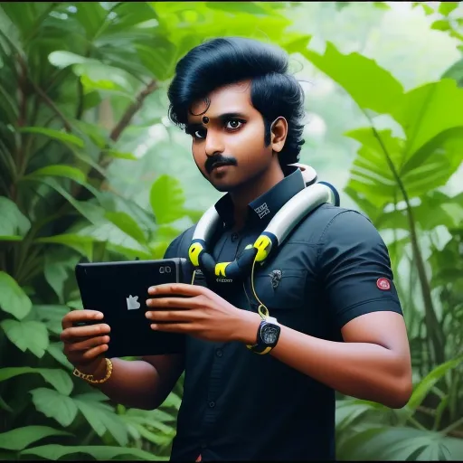 ai-generated images from text - a man with a black shirt and headphones on holding a tablet in a jungle setting with green plants, by theCHAMBA