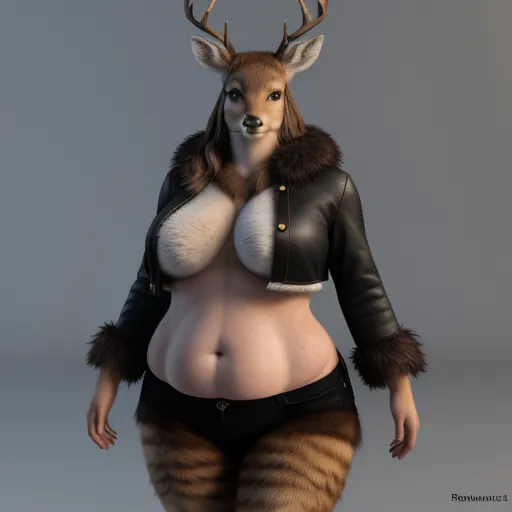 a woman in a leather jacket and a deer costume is standing in a pose with her hands on her hips, by Terada Katsuya