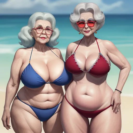 text to images ai - two women in bikinis standing next to each other on a beach with the ocean in the background and a sky in the background, by Fernando Botero